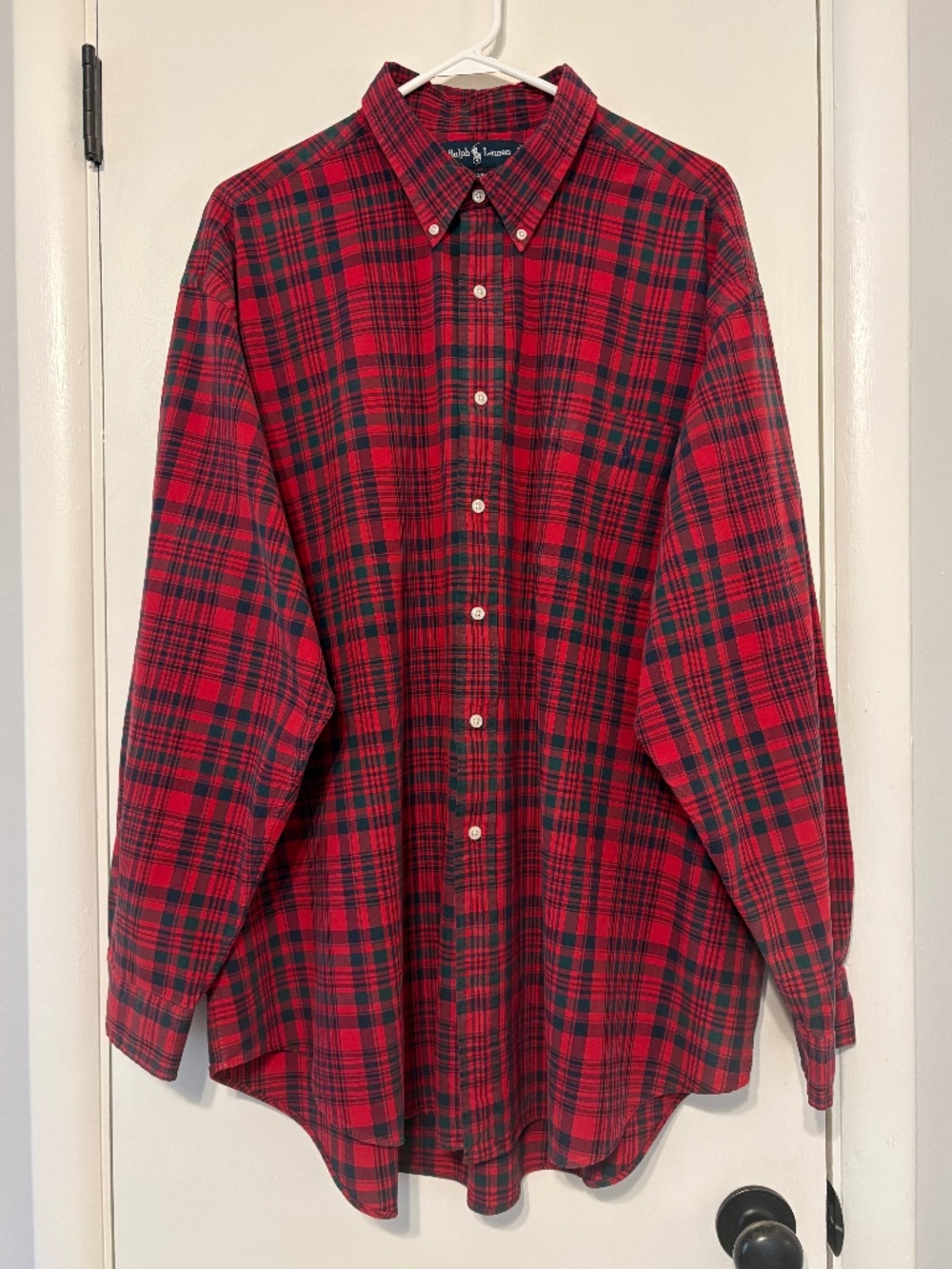 Ralph Lauren Polo Men's Red Plaid Button-Front Oxford "Big Shirt" XXL/2XL Logo